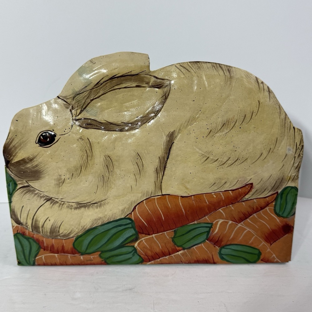 Vintage Toleware Hand Painted Folk Art Bunny Rabbit Wall Hook Panel 2 Hooks.